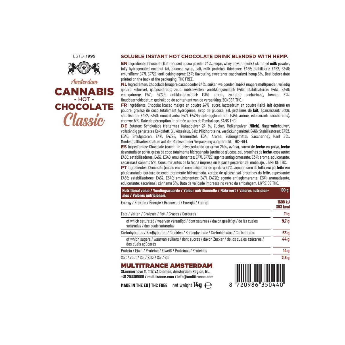 Multitrance Cannabis Hot Chocolate: Classic - 10mg (10 Sachets)