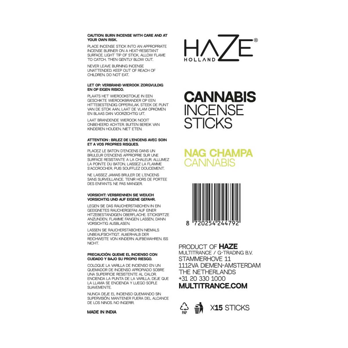 Haze Cannabis Incense Sticks: Nag Champa Cannabis (6 Pack)