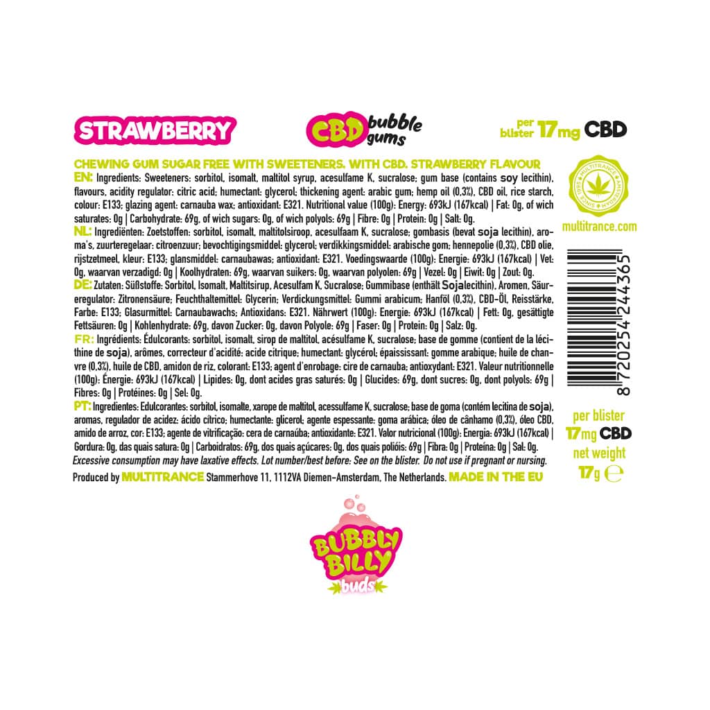 Bubbly Billy Bud's CBD Chewing Gum: Strawberry - 17mg (24 Pack)