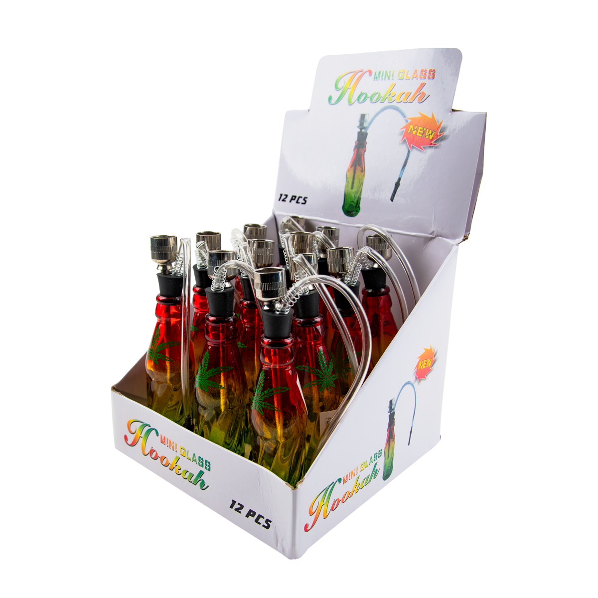 Sparkys Mini Glass Bottle Bong - Rasta Leaf (12 Pack)