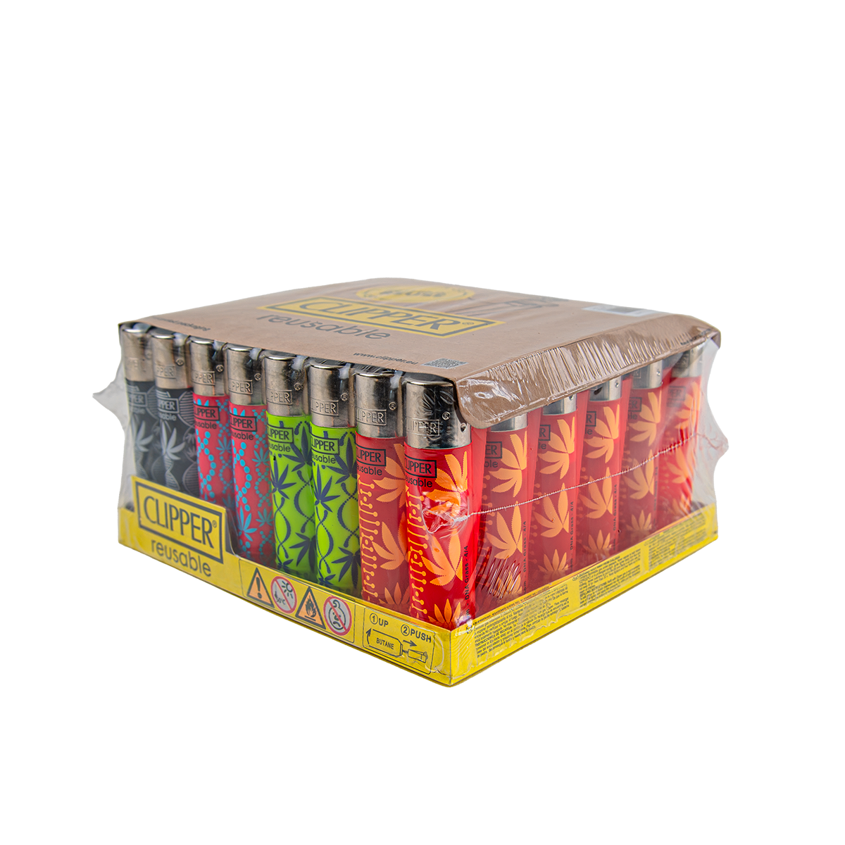 A bulk pack of 12 Clipper brand disposable lighters in a cardboard tray wrapped in clear plastic. The lighters are arranged in rows and display a variety of colors including black, blue, green, red, and orange, with a yellow brand label on the side.