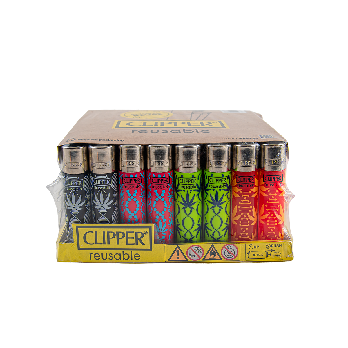 A bulk pack of reusable Clipper brand lighters in a cardboard tray wrapped in clear plastic. The pack contains six different colored lighters with matching patterned heads: black, gray, blue, red, green, and orange.
