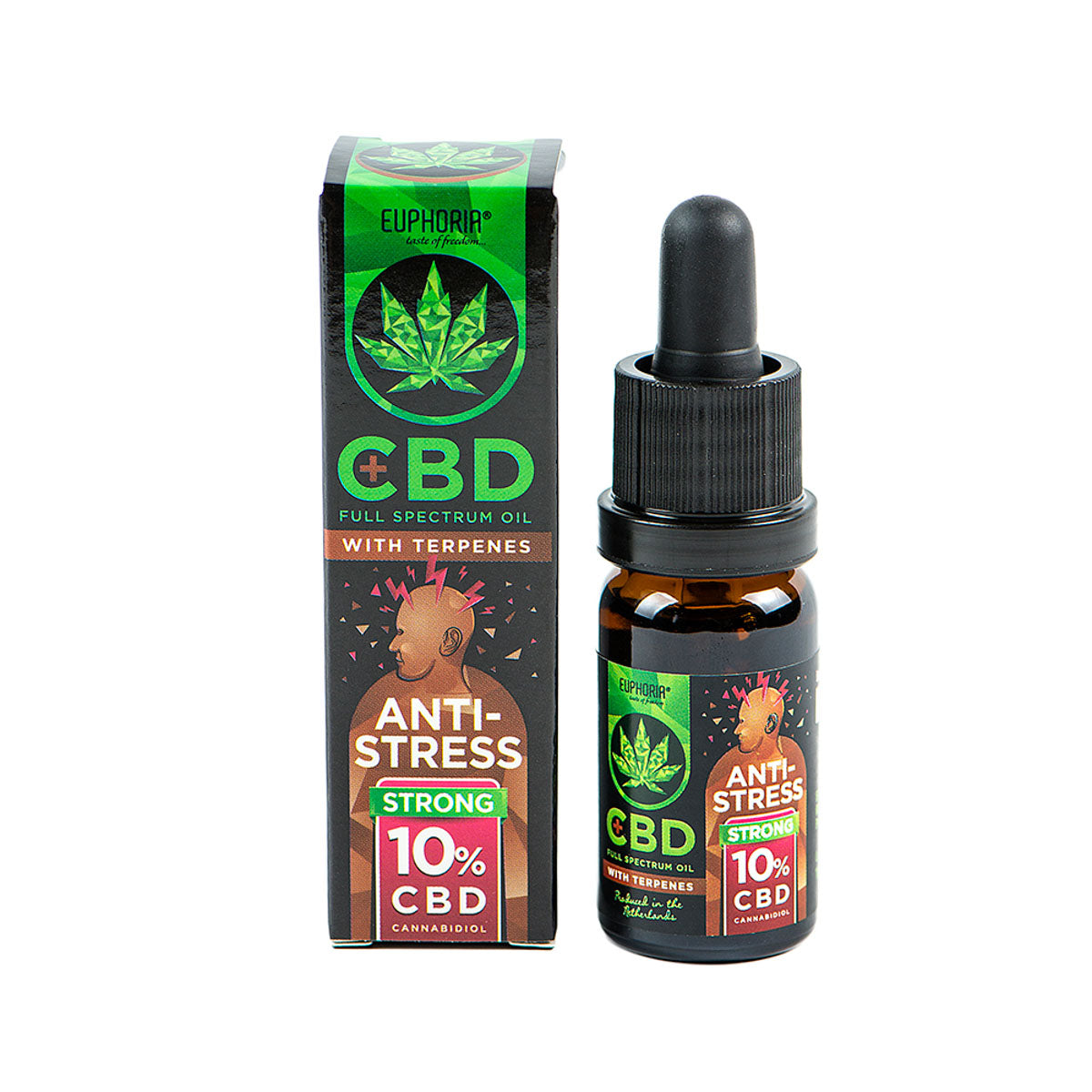 CBD oil bottle with packaging on a white background
