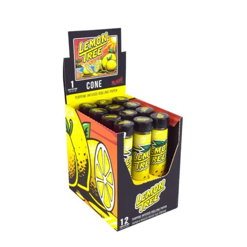 A box of Lemon Tree cones by Orchard Beach Farms, displaying 12 pieces of terpene infused rolling paper cones with lemon graphics.