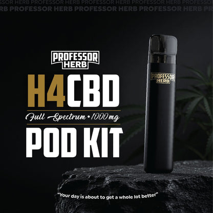 Black 'Professor Herb' H4CBD pod kit on a dark background with branding text.