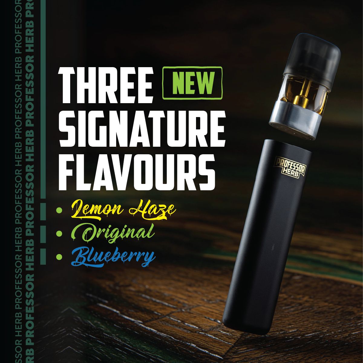 Black h4cbd vape device with professor herb about new signature flavors on a dark background