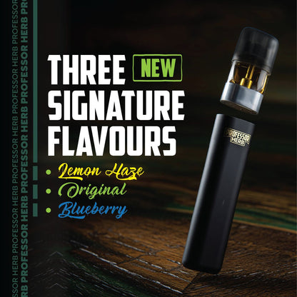 Black h4cbd vape device with professor herb about new signature flavors on a dark background