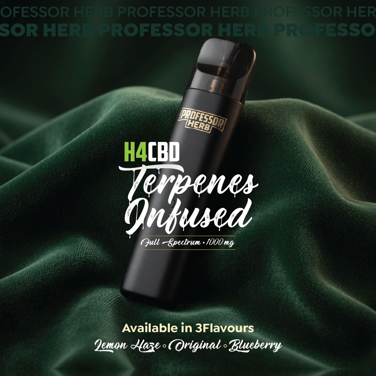 Black bottle labeled 'Professor Herb' on a green fabric background with text about CBD terpenes.