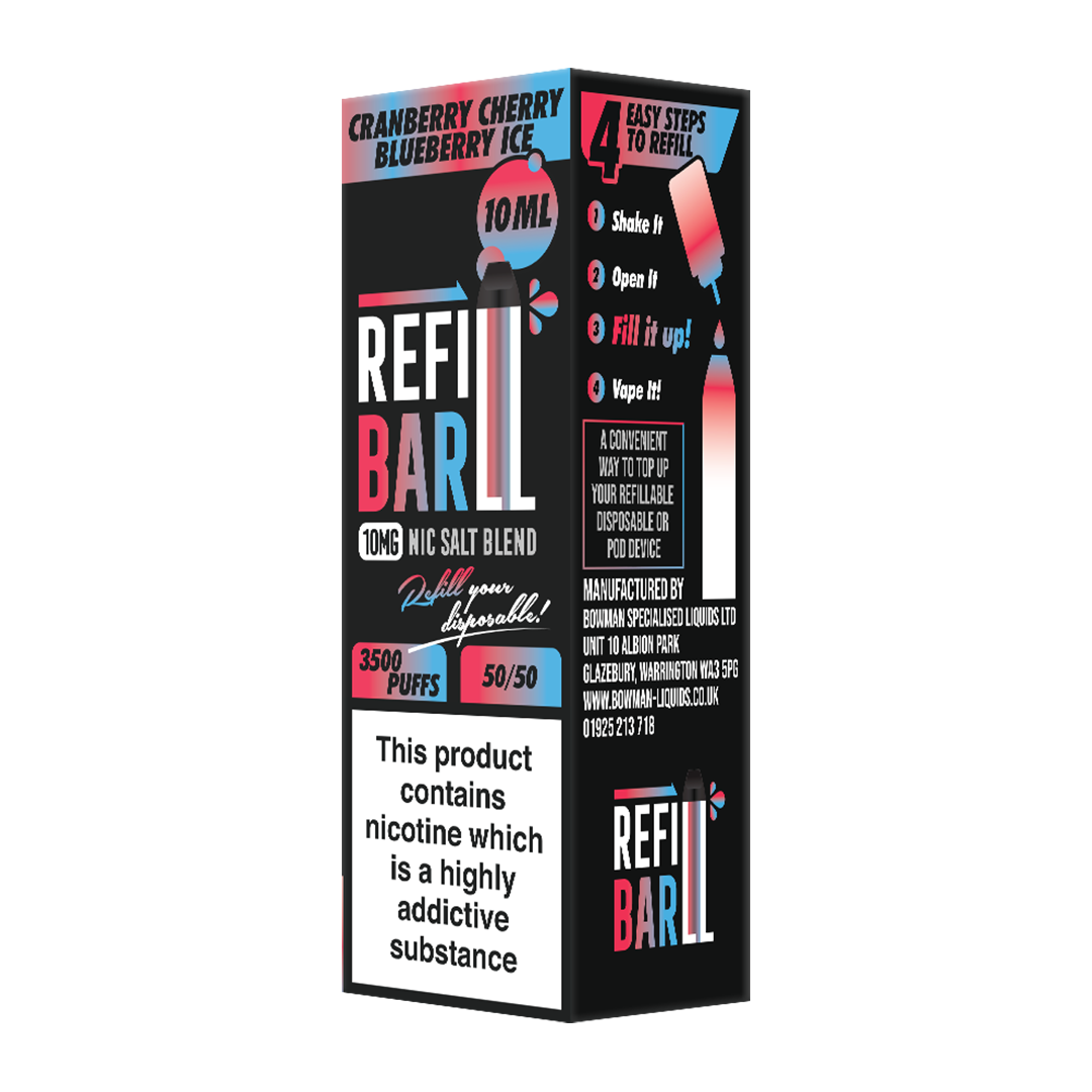 Refillable vape device packaging with colorful text on a white background