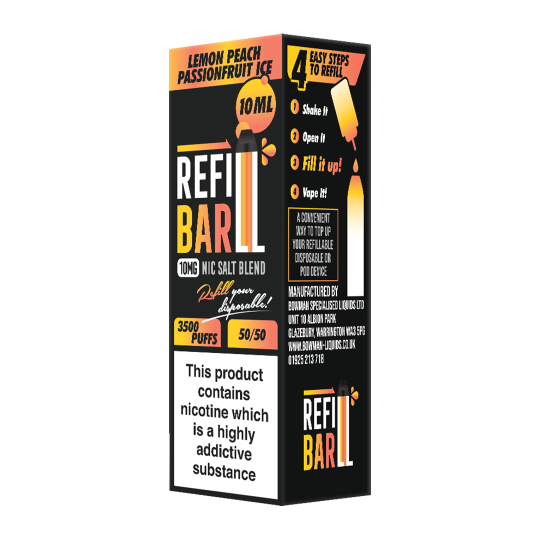 Refillable vape device packaging with branding and product details on a white background