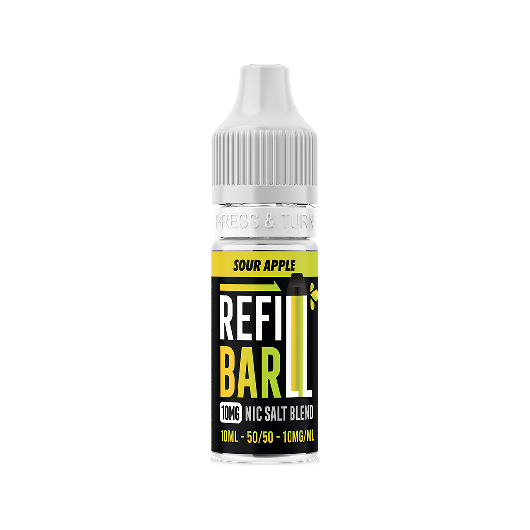Refill Bar vape juice bottle with yellow and black label on a white background