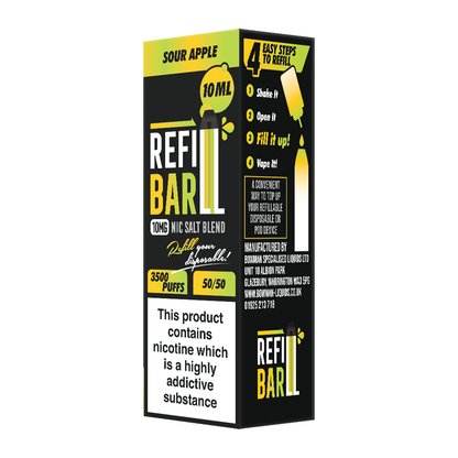 Refillable vape device packaging with yellow and black design on a white background