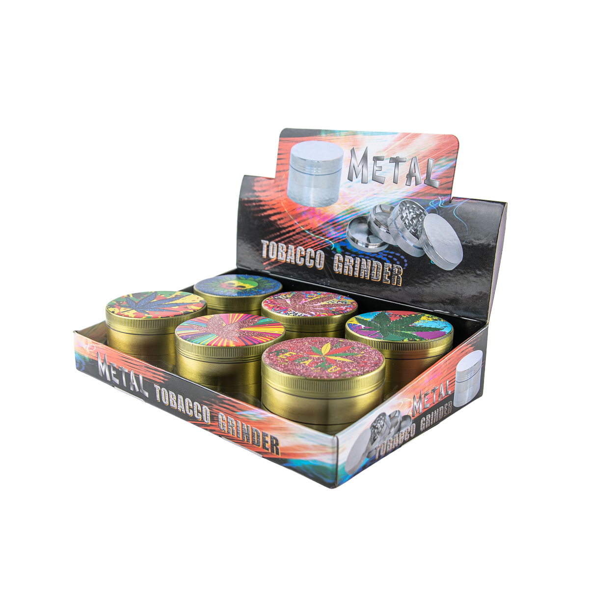 Sparkys Large 4 Piece Metal Grinders - Glitter Leaf (6 Pack)