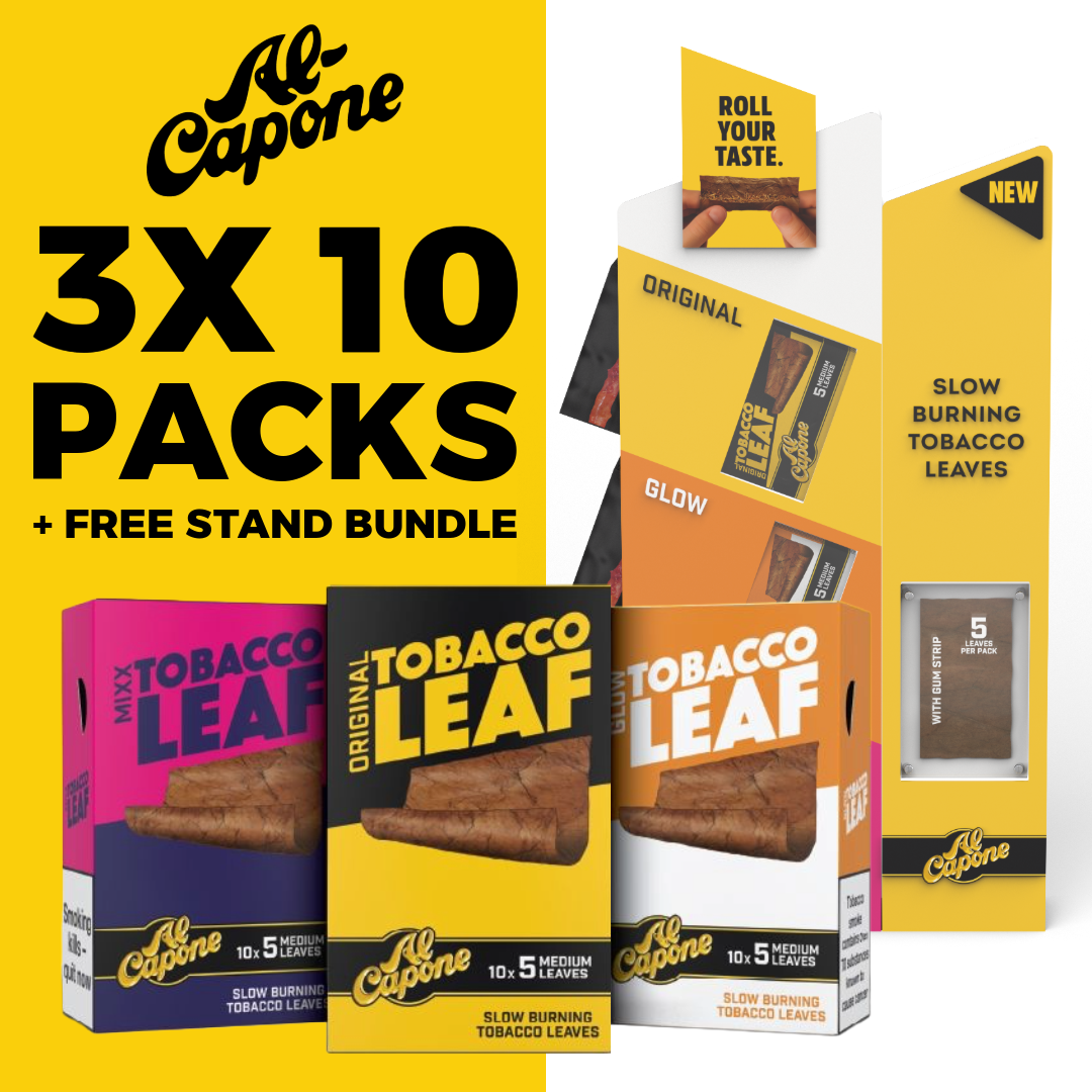Al Capone tobacco leaf packages with promotional text on a white background