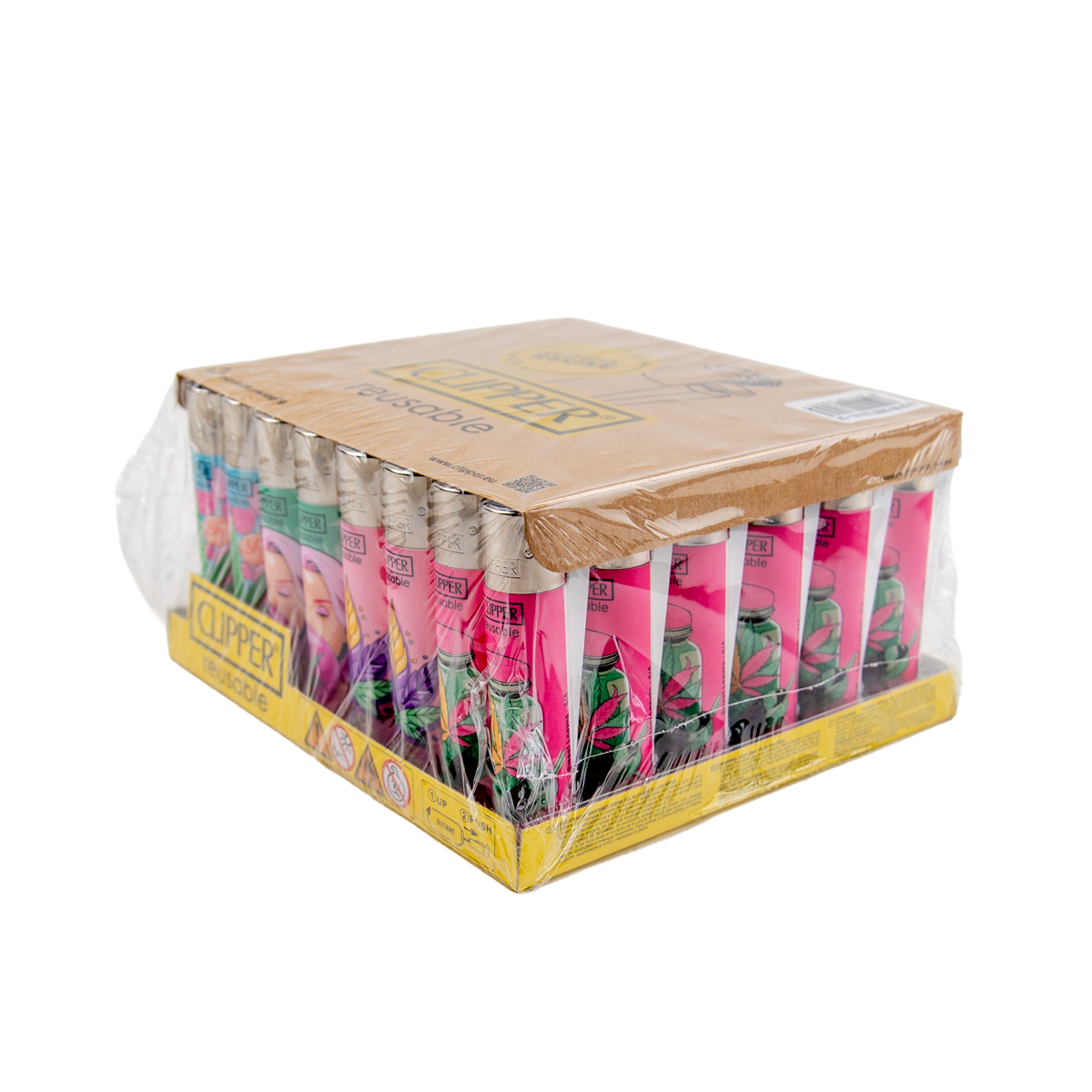 Packaged product with clear plastic wrap on a white background