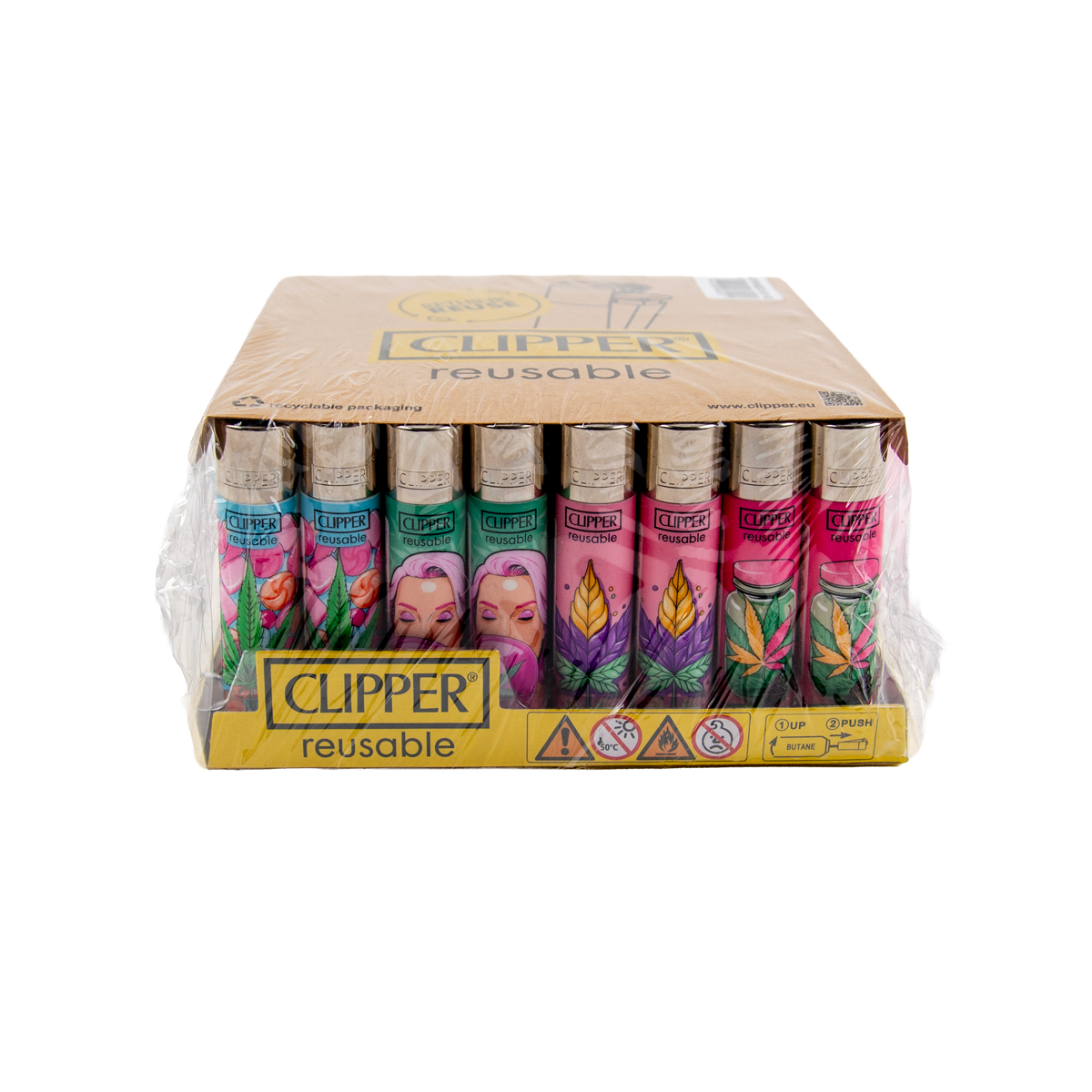 Box of Clipper lighters with colorful packaging on a white background