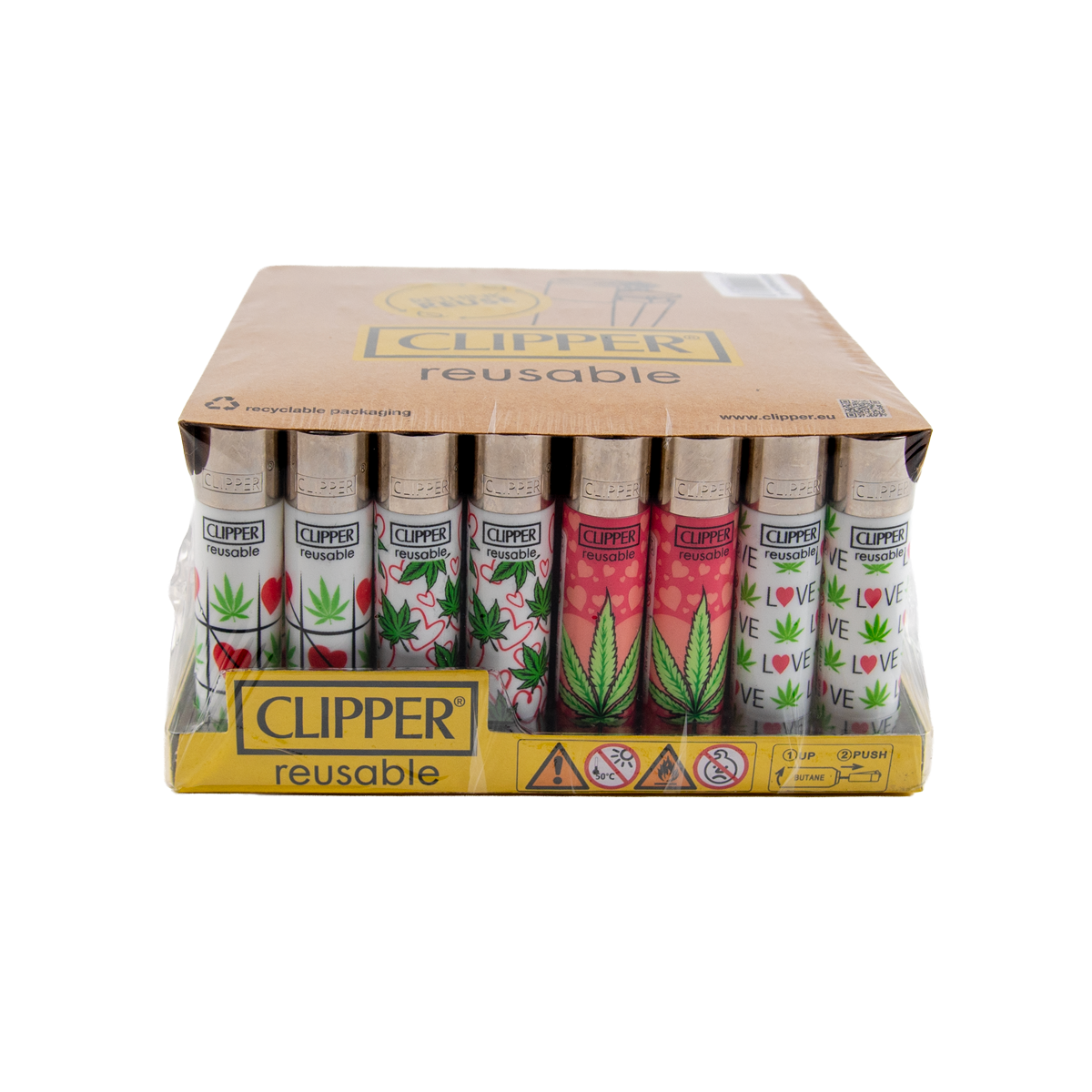 Box of Clipper reusable smoking accessories with various designs on a white background