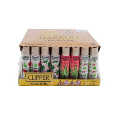 Box of Clipper reusable smoking accessories with various designs on a white background