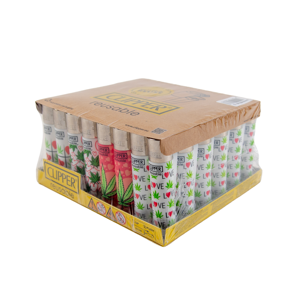 Box of Clipper lighters with various designs on a white background