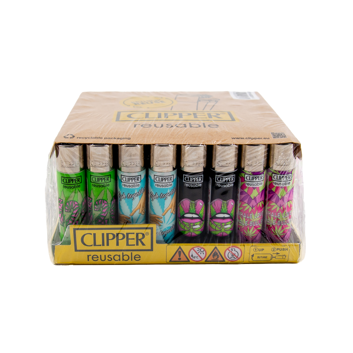Box of Clipper reusable lighters with various designs on a white background