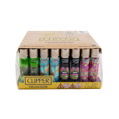 Box of Clipper reusable lighters with various designs on a white background