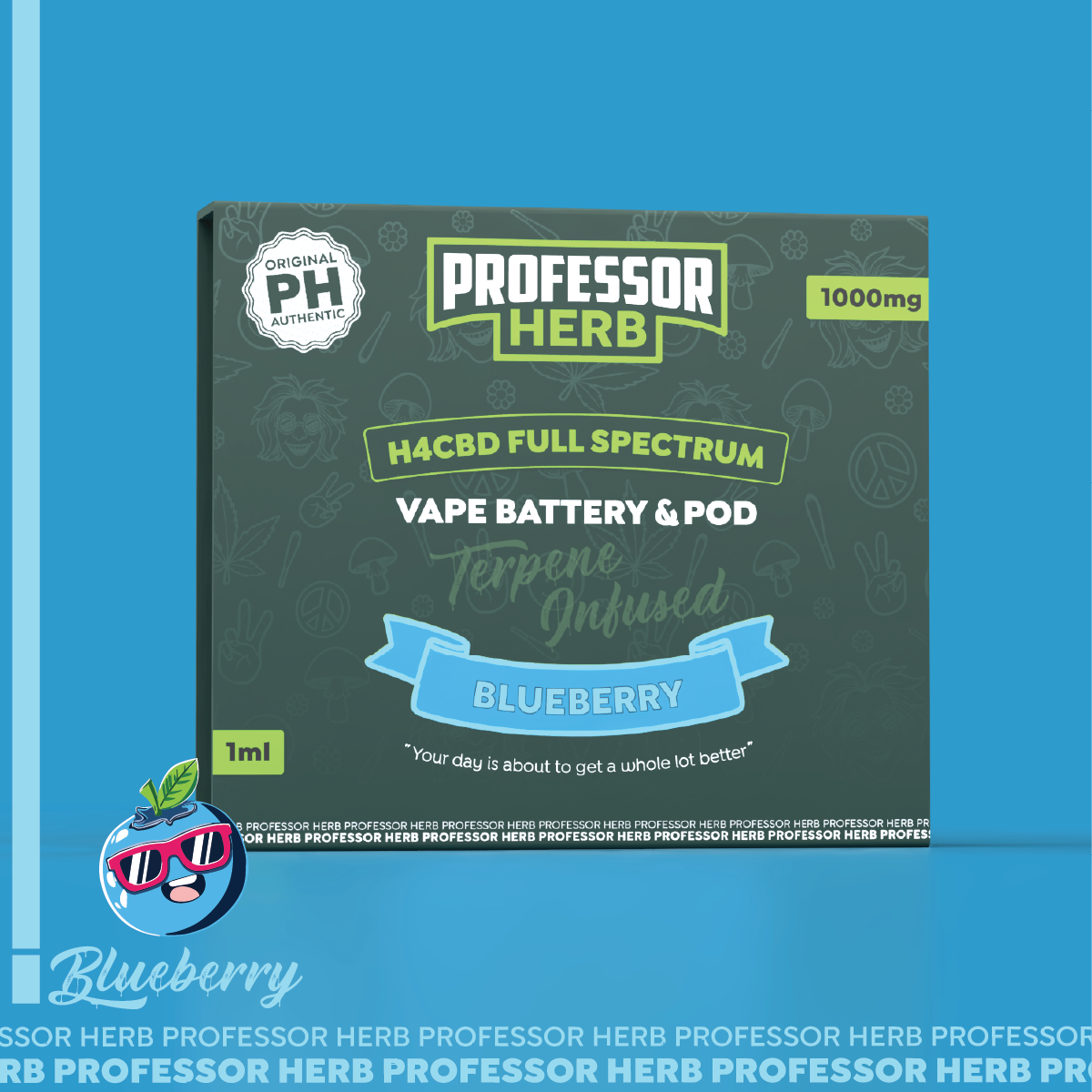 Professor Herb vape battery and pod packaging on a blue background
