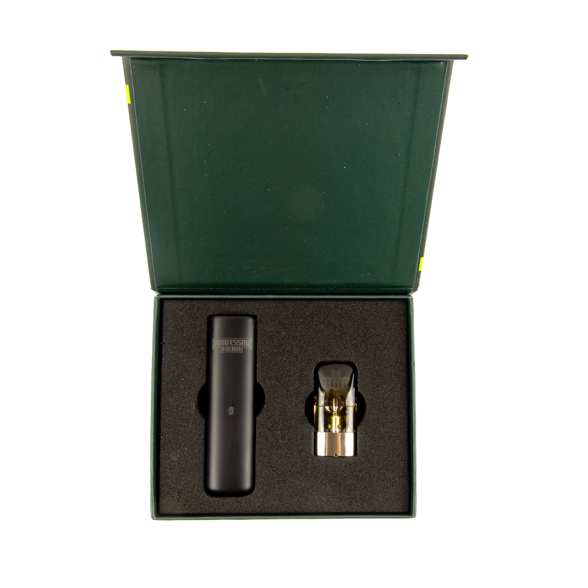 Vape device and cartridge in a green box on a white background