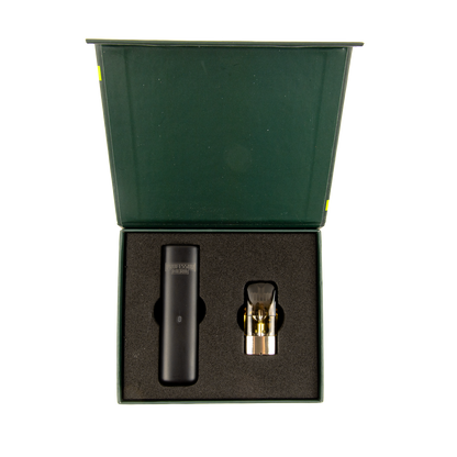 Vape device and cartridge in a green box on a white background
