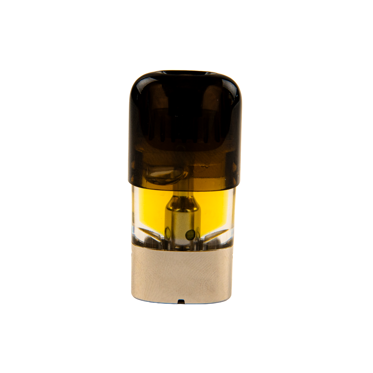 Vape cartridge with brown top and beige bottom on a white background