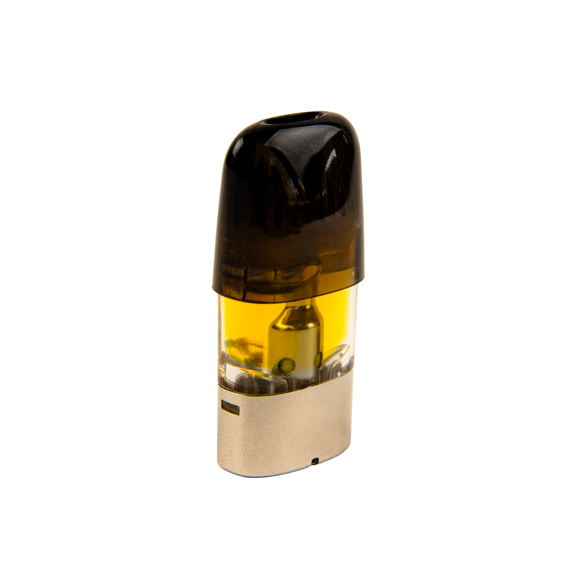 Vape pen cartridge with clear yellow middle section on a white background