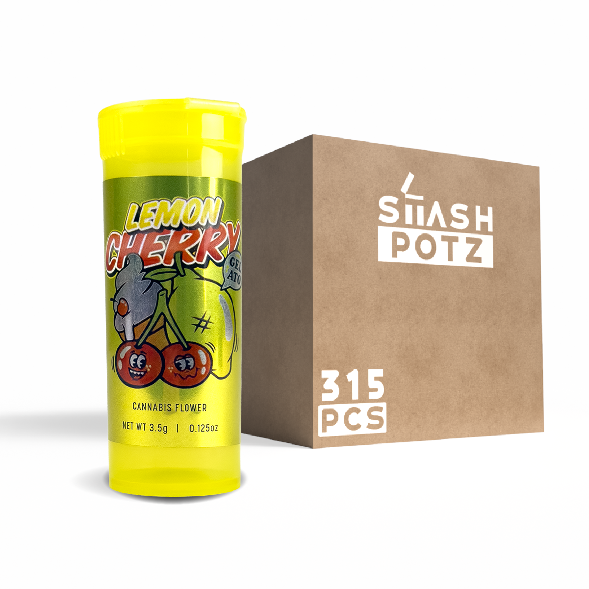 Stash Potz + Label Roll: Yellow Pot - Lemon Cherry Gelato (315pcs Carton)