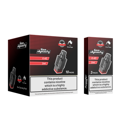 San Dynasty One Vape Pod packaging shown on a white background, with a large 10-pack box and a smaller 3-pack box beside it. The boxes are black and red with product imagery and a nicotine warning label.