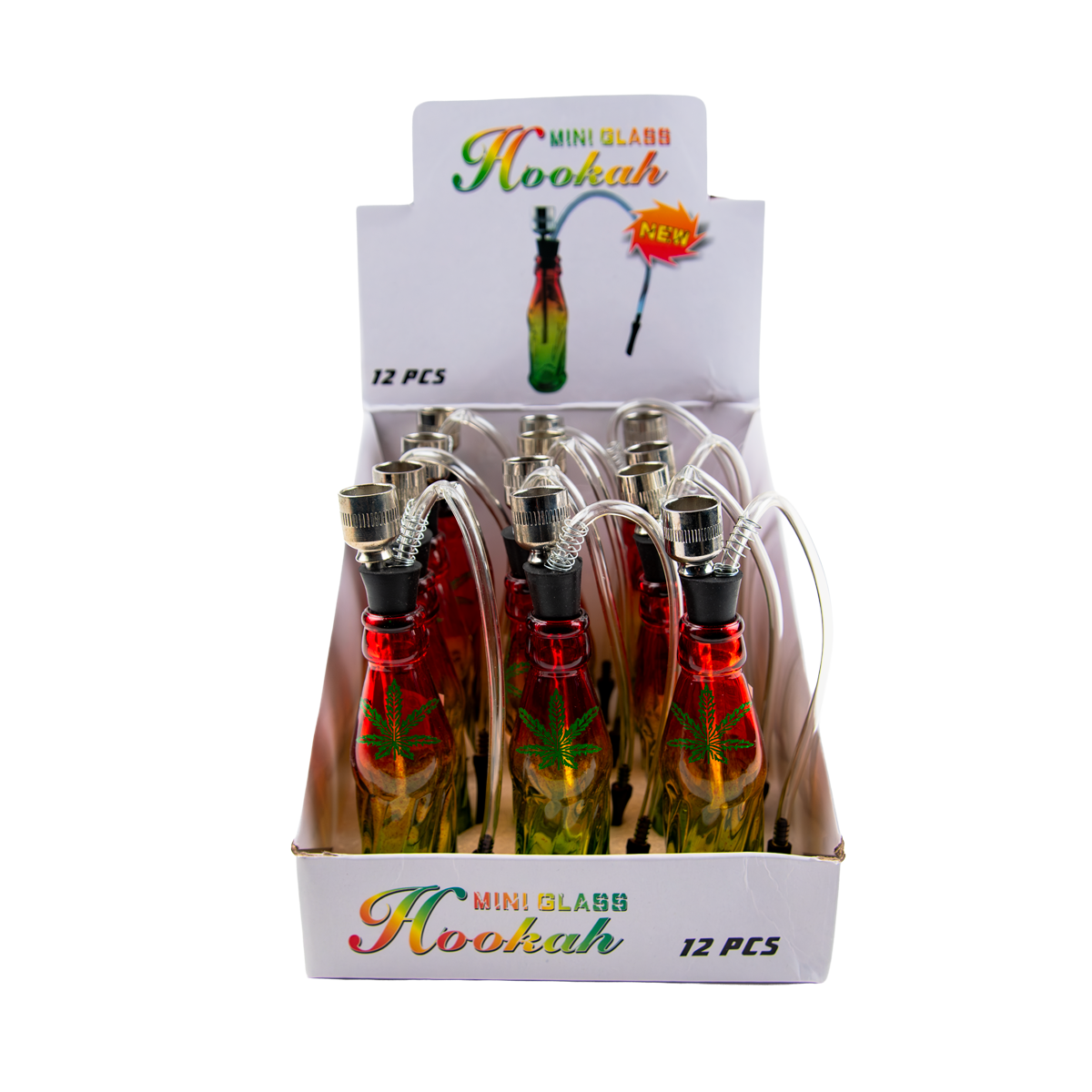 Sparkys Mini Glass Bottle Bong - Rasta Leaf (12 Pack)